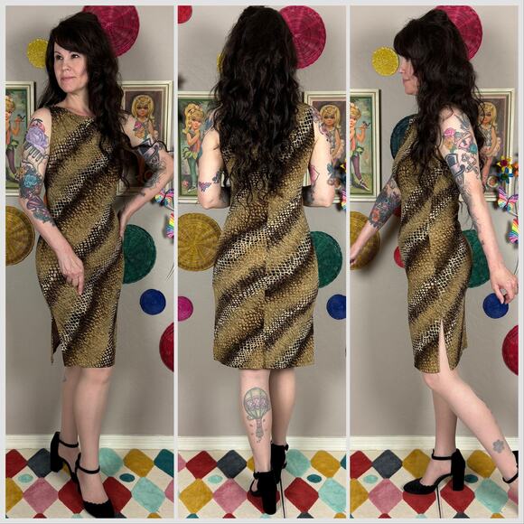 Vintage Y2K Brown and Gold Snakeskin Print Sleeveless Slinky Dress - Picture 3 of 7